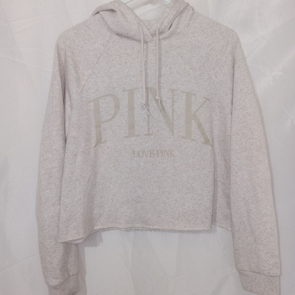 PINK Victoria's Secret Campus Fleece Cropped Hoodie Raw Hem Logo Sweatshirt M